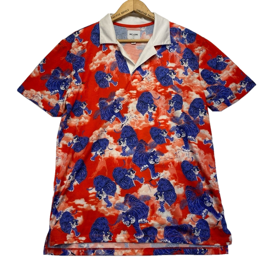 ONLY & SONS | Men's Large Blue Tiger & Red Polo Slim Cotton Polo
